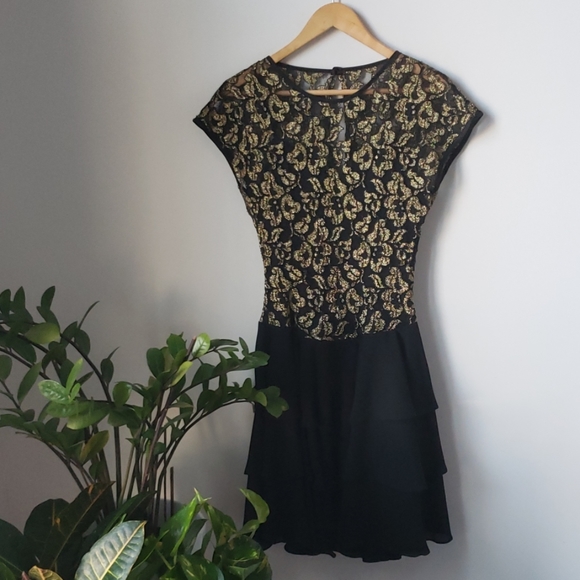 Vintage Black and Gold Lace and Chiffon Dress - Picture 4 of 8